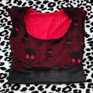 Red & Black Skull Mesh Crop Top
